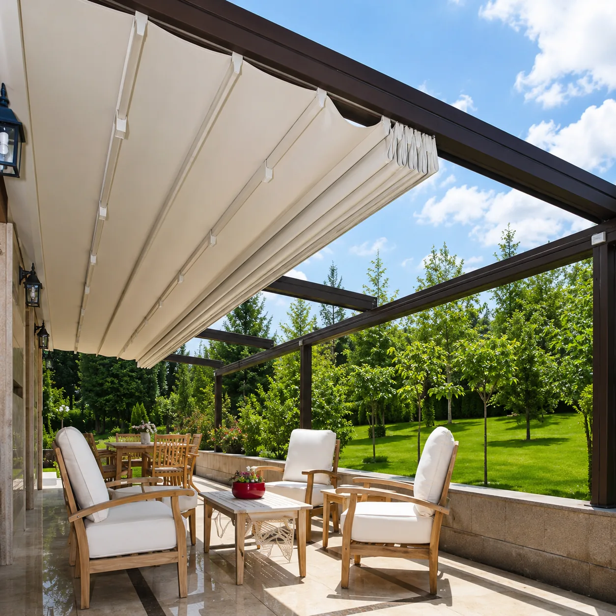 Parma fabric canopy above an outdoor dining table