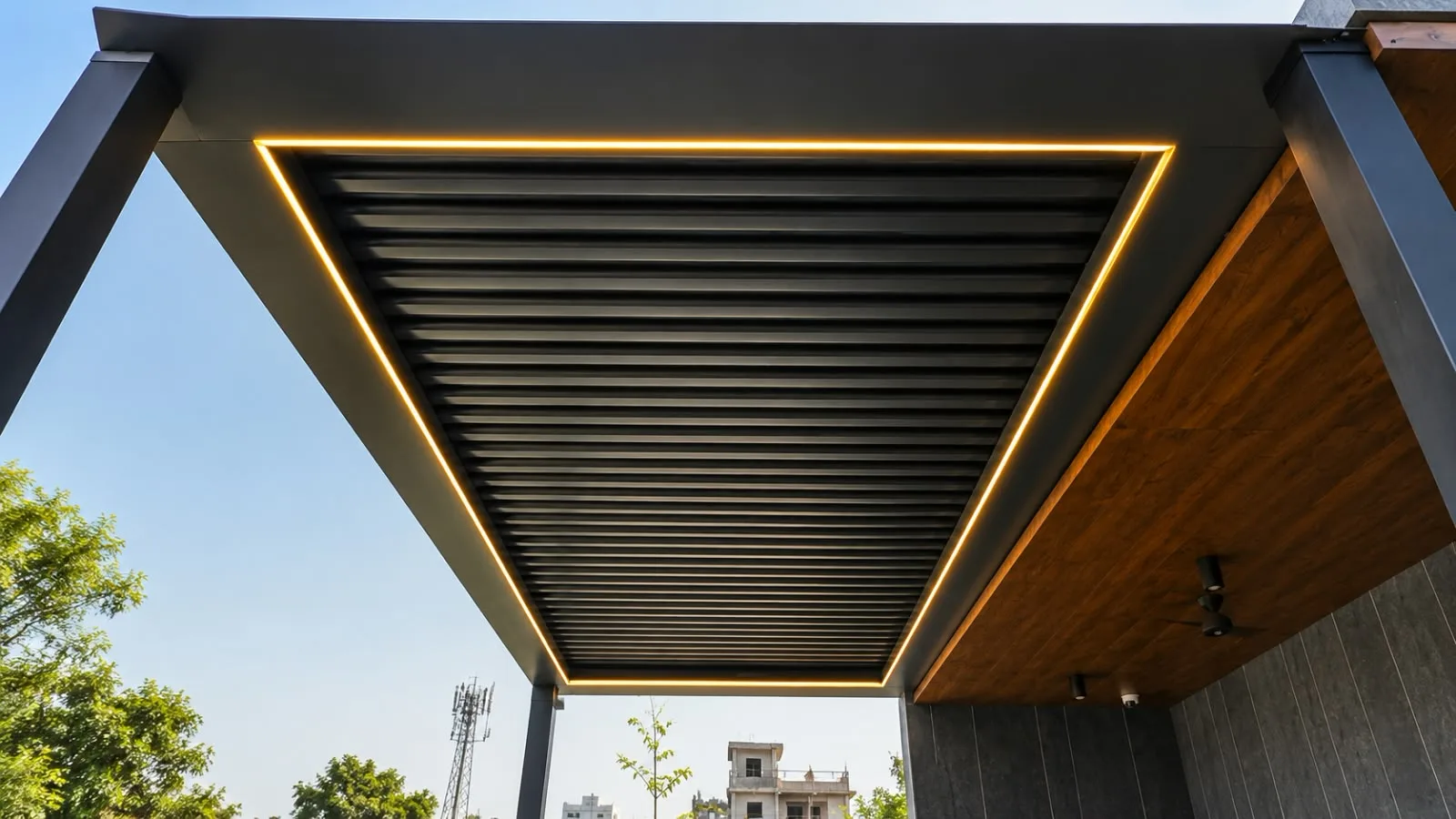 Prato pergola with warm lighting against timber cladding